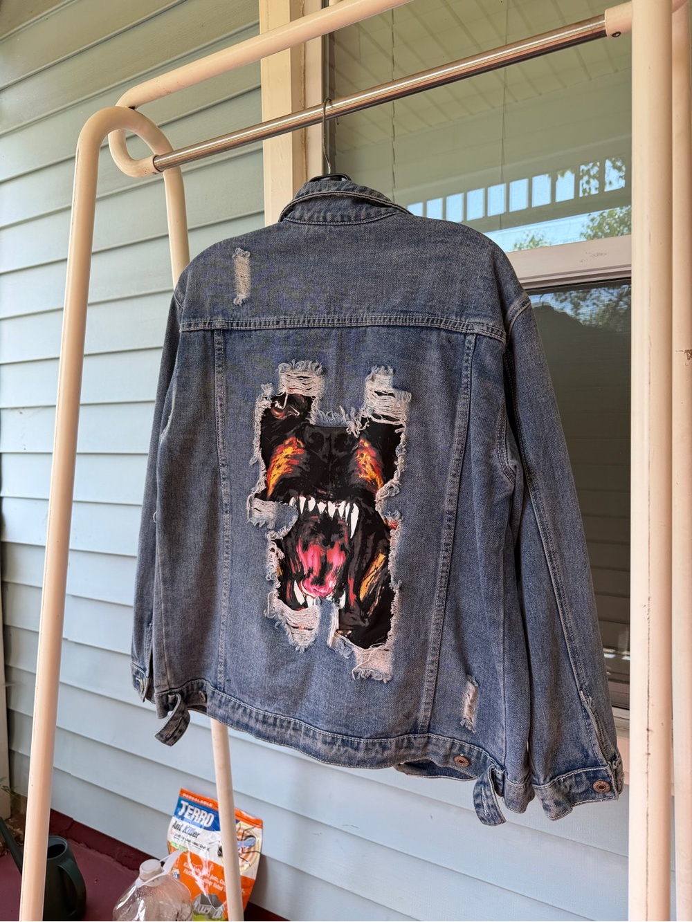 Distressed Denim Jacket with Fierce Rottweiler Back Art - Blue